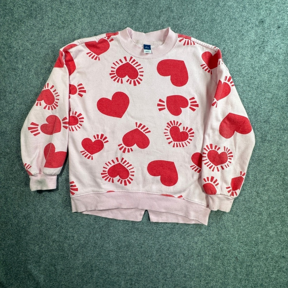 Old Navy Pink Heart Print Sweatshirt Girls Large 10-12 Pullover Crewneck Red